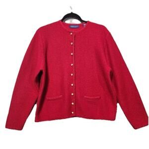 Karen Scott Pure Wool Red Cardigan Size Large Gold Buttons Pockets Valentines
